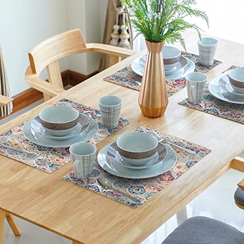 Image of Ethnic Boho Placemats Set of 4 Bohemian Carpet Vintage Rust Coral Floral Carpet Linen Washable Kitchen Dining Table Mats Stain Heat-Resistant Desktop Decor Place Mats 12x18 in