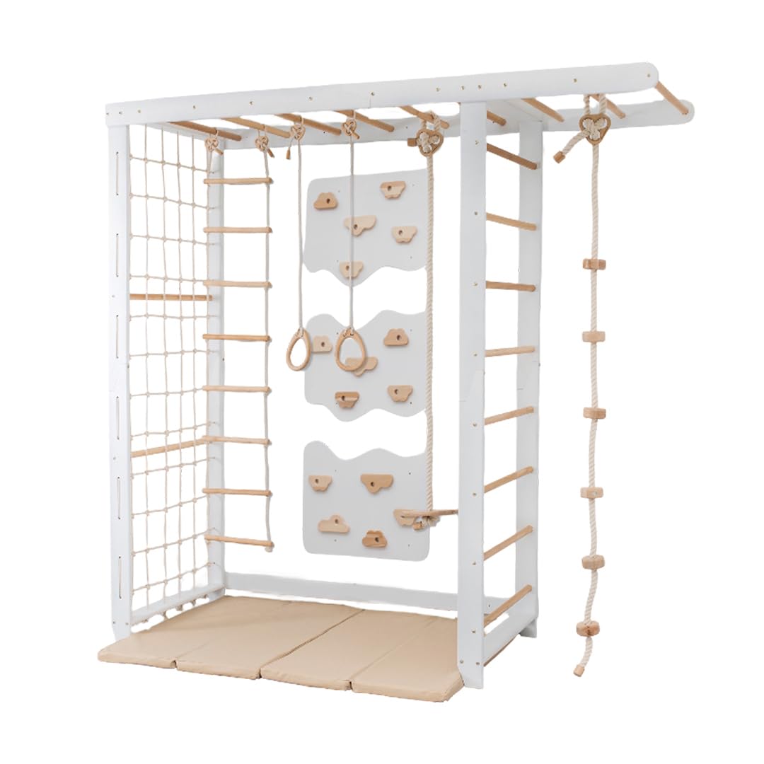 Wood And Hearts sprossenwand, kletterwand kinderzimmer, turnringe, sprossenwand kinderzimmer, Indoor Spielplatz, kletterwand, strickleiter, turnringe Holz, spielturm (3 Platten Weiß+Naturholz)