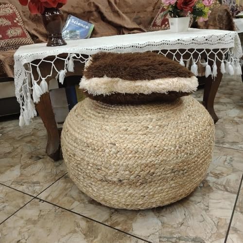 Image of Cotton Dori Ottoman Pouf for Seating|Cotton Dori Pouffe for Footrest Filled with Bean Balls|Ottoman Pouf Stools for Living Roombedroom, 50D x 50W x 30H Centimeters Beige