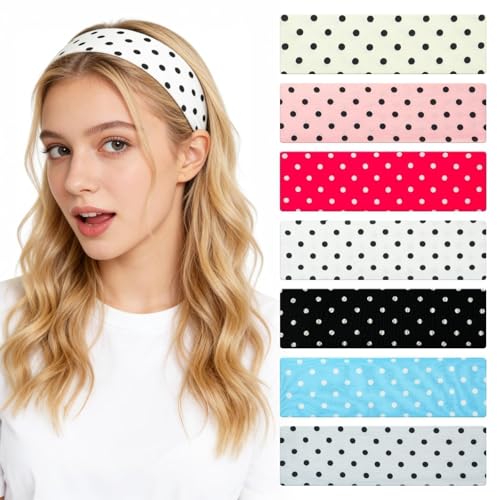 Mioxskrey Polka Dot Headbands For Women, 7 Pack Wide Soft Stretchy Fabric Headbands, Cute Fashion Retro Hair Accessories For Daily Wear, Workout, Makeup, Cosplay