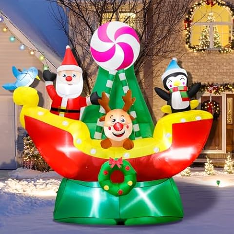 Mukum 6 FT Christmas Inflatables Animals Sitting on Ship Christmas Blow ups Built in LED Lights Christmas Decorations Inflatables for Christmas Holiday Garden Lawn Cover