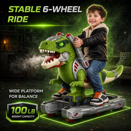 Image of Dinosaur Ride On Push Car for Little Kids, Battery Operated Push & Ride Electric Foot-to-Floor Sliding Rideable Toy Scooter with Music, Light & Smoke for Toddlers (Green)