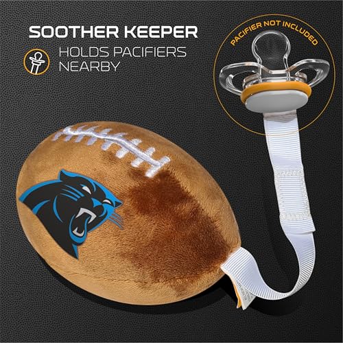 Image of Carolina Panthers Plush Football Pacifier Holder by Smilo - Officially Licensed NFL Soother Holder - Soft Plush Toy and Dummy Holder - Fits Any Pacifier - Stroller Accessory & Newborn Essential