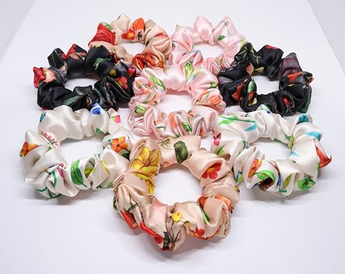 Image of Printed Satin Scrunchies Hair Bands for Women | No-Damage Elastic Hair Ties for Ponytails & Buns | Fluffy & Stylish Rubber Bands | Free Size | Pack of 8 | Aqua Bloom Sm (Small Size)