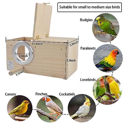 Image of Parakeet Nesting Box Pine Wood Breeding Box Bird House for Cage, Transparent Parakeet Birds Nest with Perch for Cockatiel, Canary, Small to Medium Birds, L:5.85x5.85x11.5 inches