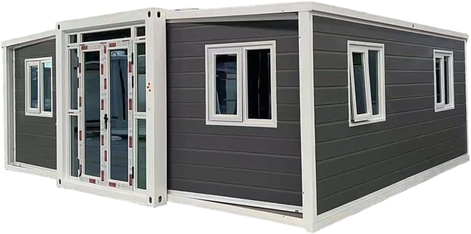 19x20ft Prefabricated Tiny Home – Expandable Modular Container House with Bedrooms, Living Room, Kitchen & Bathroom – Modular Container Office Pod with Windows and Glass Door