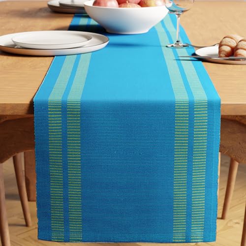 Image of Encasa XO Dining Table Runner for 4 to 6 Seater| Yarn Dyed Fine Ribbed Cotton | Size 32x150 cm | Ladder Turq Blue | Machine Washable