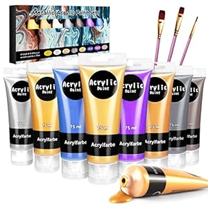 Gifort Peinture Acrylique Métallique, 8 x 75ML Kit de Peinture Acrylique pour Artistes avec 3 Pinceaux, pour Papier Bois Pierre, 8 Couleurs Créatives Différentes, Forte Concentration de pigments