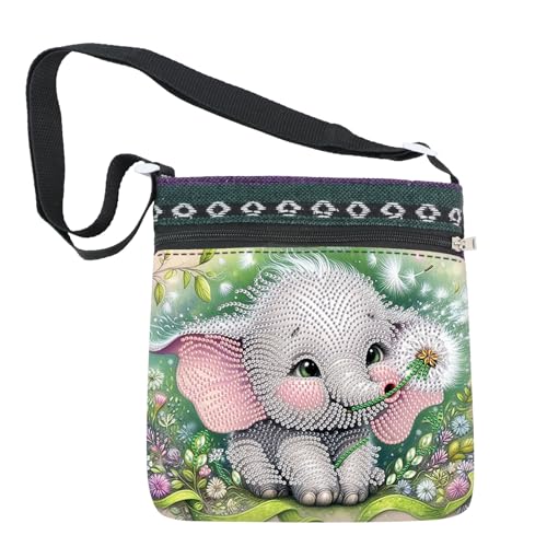 CXINLky DIY Diamond Art Painting Sac à bandoulière pour femmes, 5D Diamond Art Messenger Sac, Sac à bandoulière Porte-monnaie Sac à bandoulière Fermeture éclair Sac à main-05-éléphant