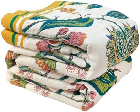 Boho Throw Blanket for Bed-100% Cotton Soft Breathable Farmhouse Decor Boho Quilt for Sofa (Flower Bird, 80