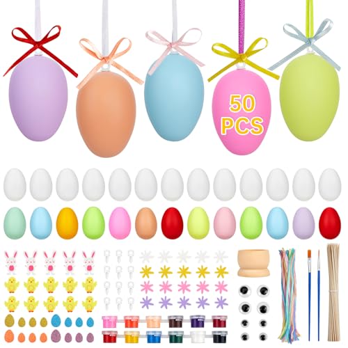 HAUSPROFI 50 huevos de Pascua para colgar (30 blancos + 20 colores), juego de decoración de huevos de Pascua con 50 ganchos, 2 juegos de colores con 12 colores, 4 pinceles, 50 palitos de bambú,