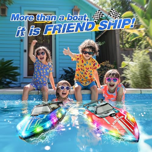 RC Boat with Dazzling LED Lights, 2.4Ghz Remote Control Racing Boats for Kids 8-12,Toy Water Boat for Pools and Lakes with Waterproof,Rechargeable Battery, for Boys Girls Blue — view 2