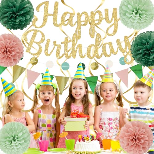 Image of Sage Green Birthday Decorations, Happy Birthday Banner and Paper Pompoms, Hanging Swirls, Circle Dots Garland, Pennant Flags for Girls Women Party Decorations