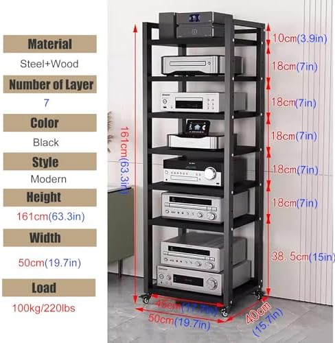 Heavy-Duty Rolling Stereo Components Rack, Tall Media Stand with Adjustable Shelves, Audio-Video Cabinet for Living Room & Office, Black Finish, Durable Storage Solution