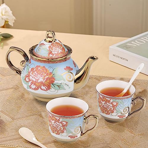 Tea Cup Set 20 Pieces Europeanism Royal Flower Series with Baked Flower Porcelain Tea Sets with 24 OZ Teapot and 6.8 OZ Coffee Cup/Teacup Suit Tea Sets for Women Tea Party Large Size(blue)