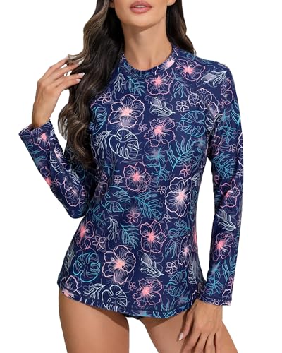 Halcurt Womens Long Sleeve Rash Guard Swim Shirts with Built in Bra UPF50+ Sun Protection Swimsuit Top Navy Floral L