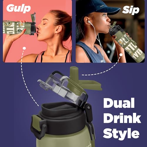 Image of Milton Steel Edge 900 Thermoware Water Bottle 600 ml with One Touch Safety Lock & Twin Lid Sip or Gulp,Long Hours Hot & Cold,Leak Proof,ISI Certified,Vacuum Insulated,Office,Gym,School,Military Green