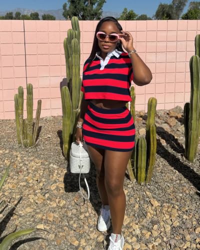 Image of HBQ Women's Casual 2 Piece Skirt Sets Polo Collar Crop Top Striped Mini Dress Summer Vacation-Stripe