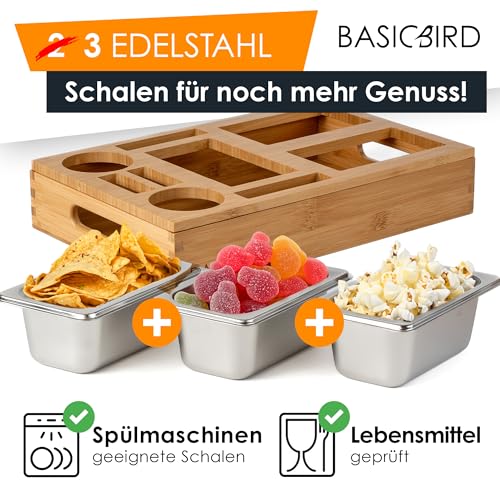 BASICBIRD® Couchbar Snackbox mit 3X Snackschale - Organizer Tablett - Snackspender - Holz Sofatablett für Sofa, Deko, Couch Bar mit Getränkehalter - Snackbox mit Fächern – Wohnmobilausstattung