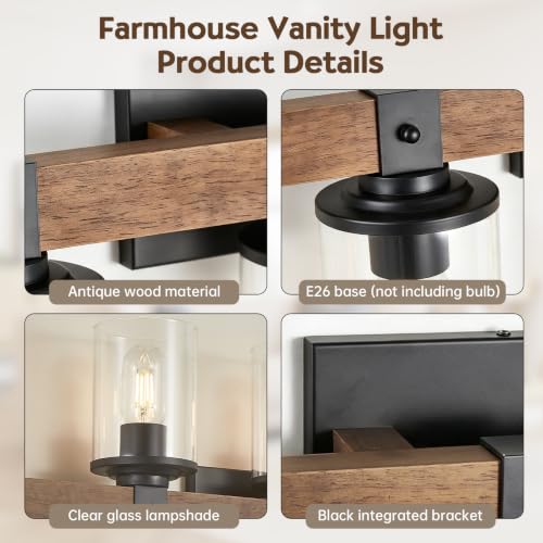 Image of 8-Light Farmhouse Vanity Light Fixture, Bathroom Wood Wall Light Over Mirror with Clear Glass Shade, Rustic Vintage Wall Sconce Lighting
