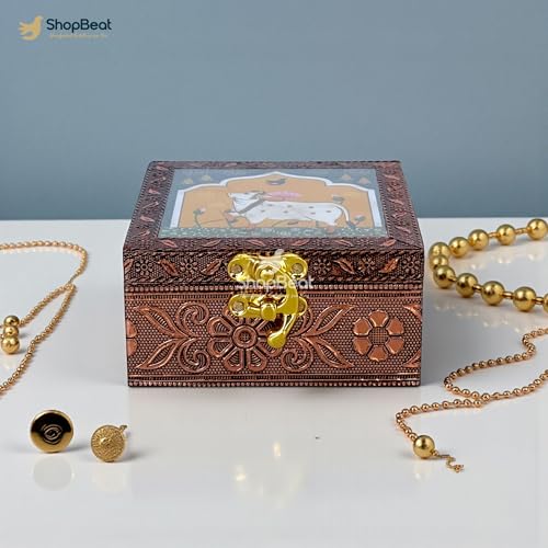 Image of Wooden Jewellery Box for Women - Royal Teal | Handcrafted Pichwai Design with Lock | 4x4 Inch Organizer for Earrings Rings | Return Gift for Wedding Diwali Pooja