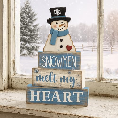 Image of Moucuny 4 Pcs Winter Table Decorations Blue and White Snowman Decor Winter Tiered Tray Decor Valentines Day Centerpiece Rustic Decorative Hat Snowman Block Signs Gift Farmhouse for Home Kitchen Shelf