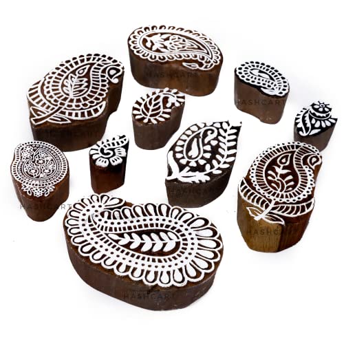 Image of Hashcart | Set of 10 | Handcarved Wooden Printing Stamps Paisley Design Baren for Blocks Printing | Scrapbooking | Fabric Designing | Art Craft | Pottery Craft