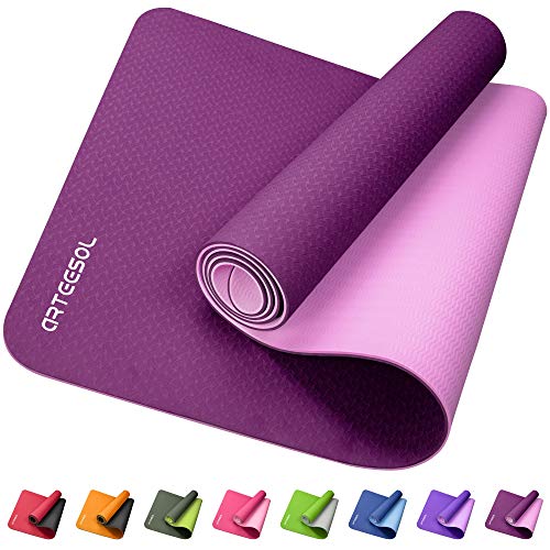 arteesol Yoga Mat Exercise Fitness Non Slip Yoga Mats for Women Men 1/4 Inch Thick, TPE Pad Workout Pilates Mats With Carry Strap, Floor Home Gym 72''L x 24''W