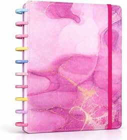 Caderno Inteligente Marmorizado Rosa 10 Discos – Capa Premium Artística, Sistema de Discos e Design Elegante