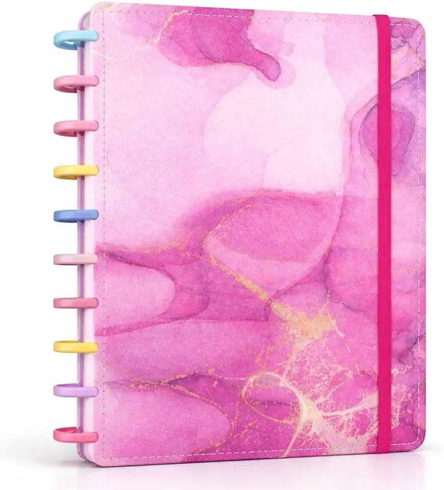 Caderno Inteligente Marmorizado Rosa 10 Discos – Capa Premium Artística, Sistema de Discos e Design Elegante