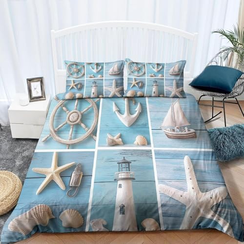 Funda Nordica Cama 135/150 Cáscara Funda Edredon 240x220 Tema Náutico 3D Fundas de Edredón Microfibra Suave Ropa de Cama de 3 Piezas con Cremallera y 2 Fundas de Almohada H-321