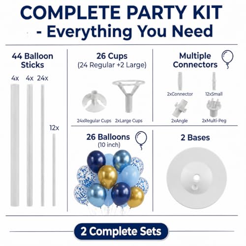 Image of Balloon Column Kit Set of 2, Anti-Tip Sand-Fill Base Balloon Tower Stand with 10 inch 26pc Blue Gold Confetti Balloons, Height Adjustable for Easter Birthday Wedding Bridal Party Decorations