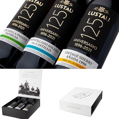 Lustau Estuche 125 Aniversario Vinos de Jerez | Pack Regalo 3 Botellas 50 cl | Manzanilla Pasada Amontillado Sherry Dulce | Edición Limitada Coleccionista Gourmet