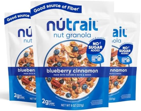 NuTrail Nut Granola Cereal, Blueberry Cinnamon, No Sugar Added, Gluten Free, Grain Free, Keto, Low Carb, Healthy Breakfast Cereal 8 oz. 3 Count