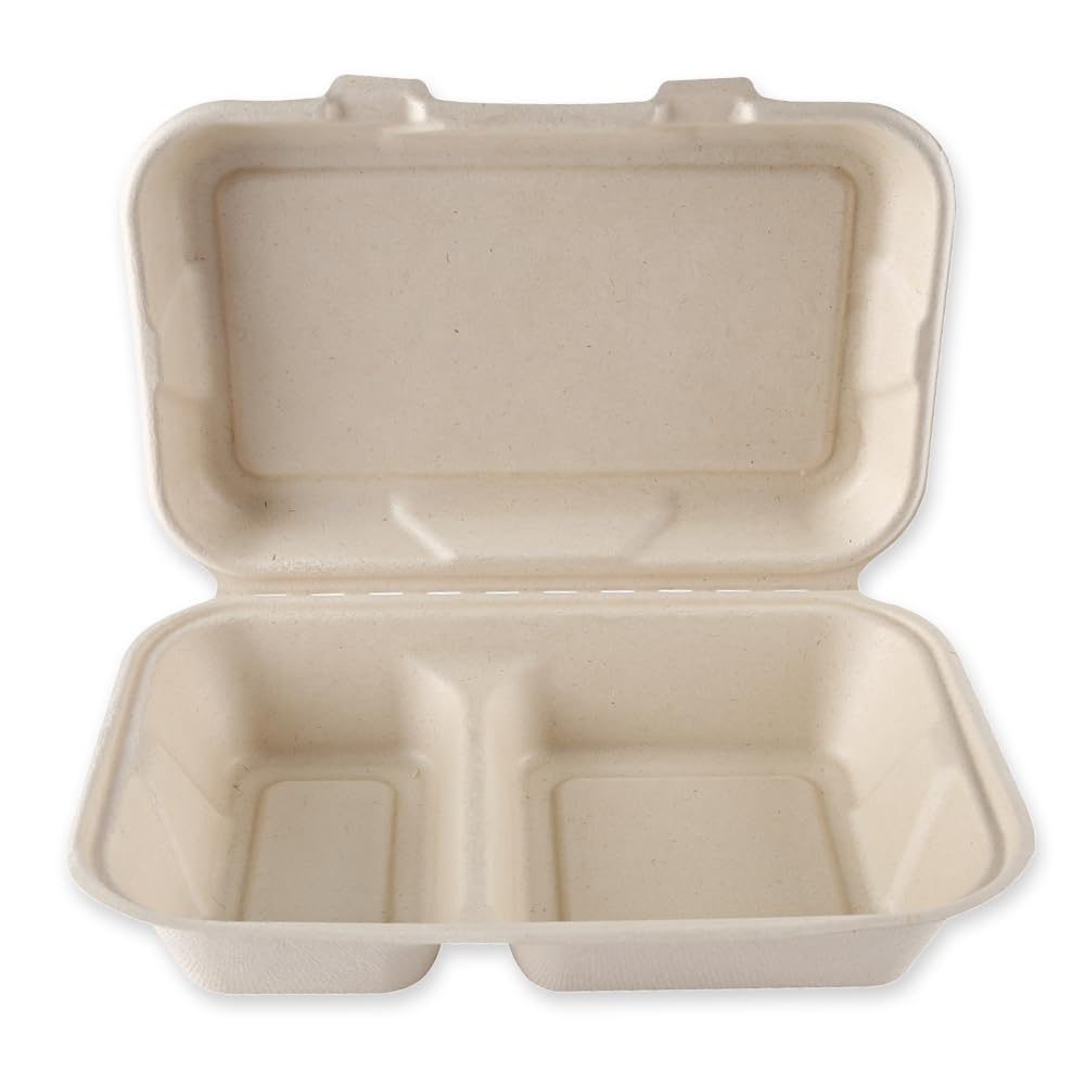 FRANZ MENSCH NATUREStar Bio Menüboxen mit Klappdeckel, 2-geteilt, rechteckig, Natur, 245 x 160 x 62 mm | Zuckerrohr, 250 Stück, Einweggeschirr Take Away, Bagasse Schalen, hitzebeständige Lunch-Box