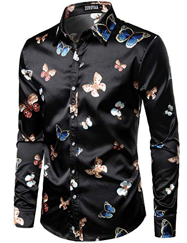 Image of ZEROYAA Men's Luxury Printed Silk Like Satin Button Down Dress Shirt for Party Prom