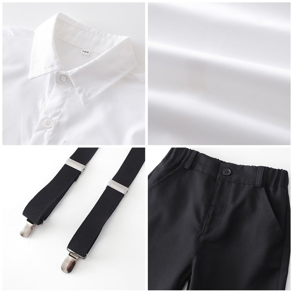 IDOPIP Traje formal para niños pequeños, camisa blanca con pajarita + tirantes cortos, pantalones, overol, ropa de 1-8T