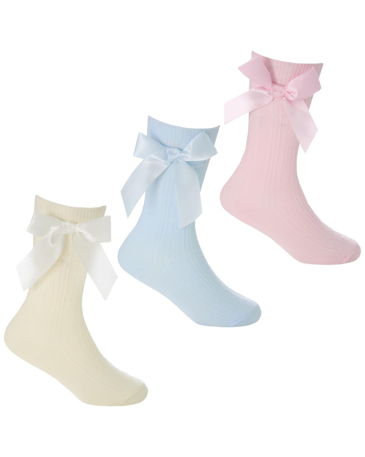 Slumber Hut 3 Pairs - Blue/Cream/Pink 3 Pairs Baby Knee High Cable Bow Socks 44B853 1X Each 0-2.5