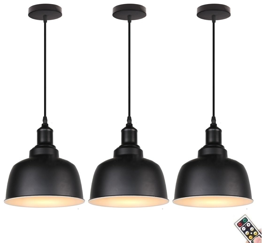 KEFA Modern Minimalist Battery Operated Pendant Light, Black Wireless Adjustable Pendant Lighting with Remote & Blub, No Wiring Ceiling Hanging Light for Kitchen Island Dining Table Living Room Barn C