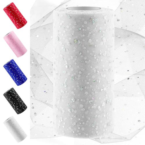 Sweet Rouleau de tulle à paillettes blanches 15,2 cm x 50 yards, bobine scintillante en polyester pour bricolage, fêtes et décorations