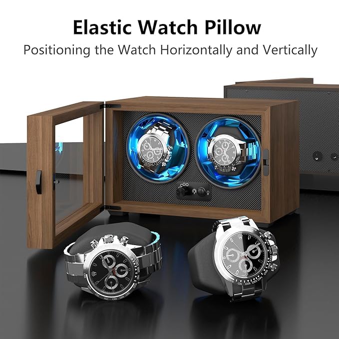 Image of Bequest Dual Watch Winders for Automatic Watches, Double Watch Winder Box for Rolex,4 Rotation Mode Setting,Blue Light,Elastic Watch Pillows for Lady and Man Watches, Brown, Business, High-end,Brown,