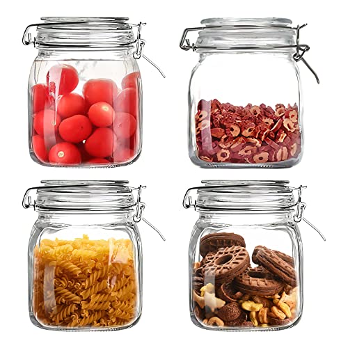 LYCN 4 Pack Glass Jars with Hinged Lids,1000ml Glass Sealed Jar, Small Airtight Storage Jars Regular Mouth Canning Mason Jars for Honey Spices Pickling Jam Jelly Overnight Oats