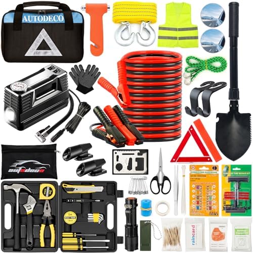 AUTODECO 105 PCS Roadside Car Emergency Assistance Kit with Portable Air Compressor