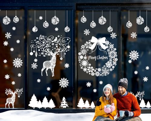 Super Huge Christmas Window Clings - Static Snowflake Decorations, Reindeer Xmas Decor Winter Wonderland Window Stickers Decals for Indoor Party (4 Sheets)