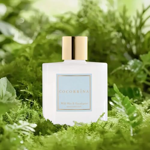 Image of COCORRINA Reed Diffuser - Wild Mint & Eucalyptus 6.7 Fl.oz Reed Diffuser Set with Sticks & Preserved Baby's Breath, Reed Diffuser for Home Bathroom Shelf Decor