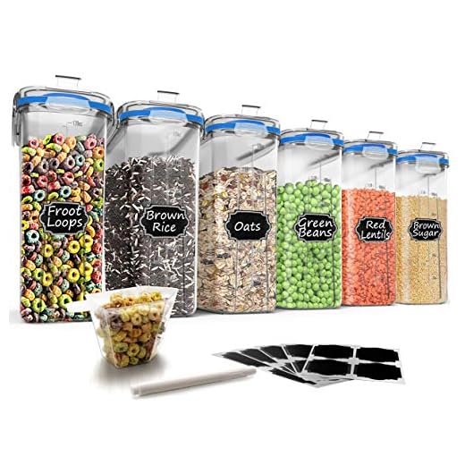 Wildone Plastic Cereal Containers Set | 6 Large (16.9 Cups, 135.3oz) Airtight Food Storage Containers - Leak-proof, BPA Free Cereal Dispenser | Flour, Sugar, Dry Food Storage Containers with Blue Lids