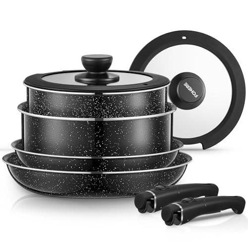 FOHERE Set Poele et Casserole Induction 8 Pièces avec 2 Poignées Amovibles et 2 Couvercle, Poêles 20/28 cm, Casserole 16/20 cm, Tous Feux Dont Induction, Revêtement Antiadhésif, Aluminium