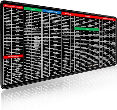 Extended Desk Mouse Pad with Keyboard Shortcut Print, Non-Slip Rubber Base, Stitched Edges, 80 x 30 cm, Black