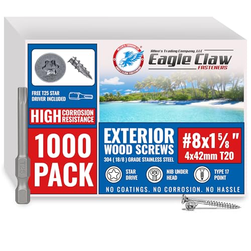 Image of #8 x 1 5 /8 Inch Stainless Steel Wood Screws | 304 Grade (1000 Pack) | Flat Head T20 Star Torx Drive | Stainless Steel Screws by Eagle Claw Fasteners | Corrosion & Rust Resistant (Includes Driver Bit)
