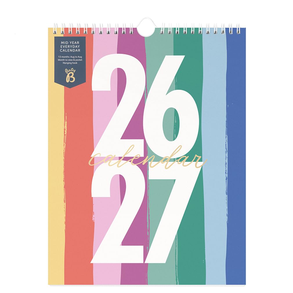 Busy B Mid-Year Calendar - Academic Everyday Planner β Aug '26 - Aug '27 - Multi Stripe - Wall Planner Calendar for Busy People with Month-to-View, To Doβs, Notes, Stickers & Pocket β 29.5 x 22cm